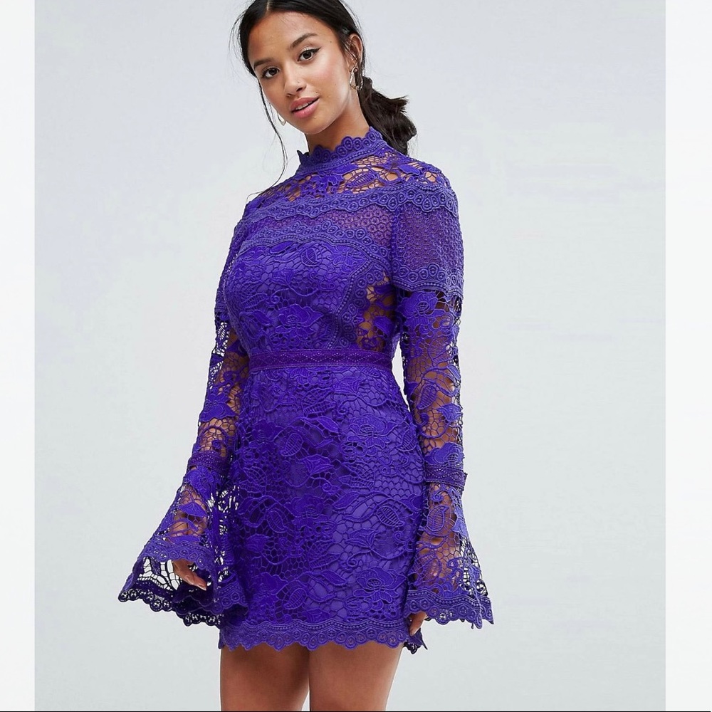 Purple Lace Long Sleeve Mini Dress Fluted Sleeves